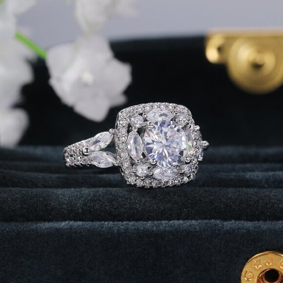 😍SHINY ROUND CZ SQUARE 925 STERLING SILVER LUXURY WEDDING RINGS FOR WOMEN, L053 - Picture 3 of 7